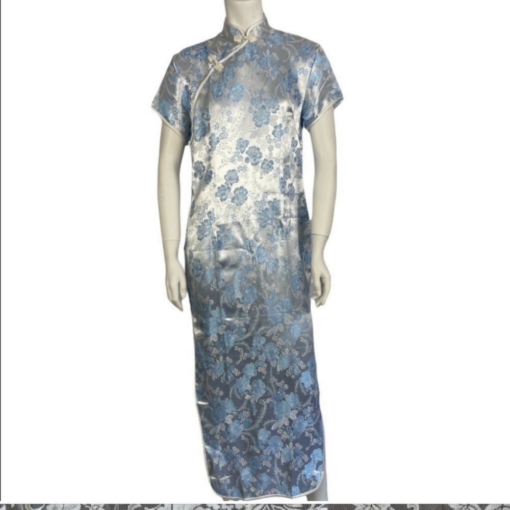 Golden Dragon Cheongsam Chinese Dress Blue And White Satin Brocade